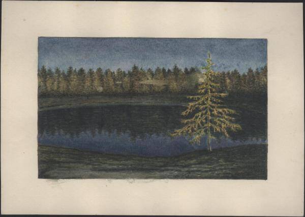 Рисунки, связанные с жизнью революционера Алексеева. В ссылке в Якутии. Место обнаружения трупа П.А. Алексеева, скрытого убийцами в 1891 году. На озере проводилось обмывание трупа.
