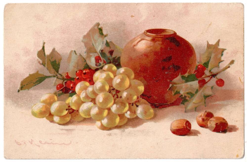 Почтовая открытка Натюрморт с виноградом.