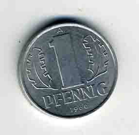 Монета номиналом 1 пфенниг. Год выпуска 1960. Германия (ГДР)