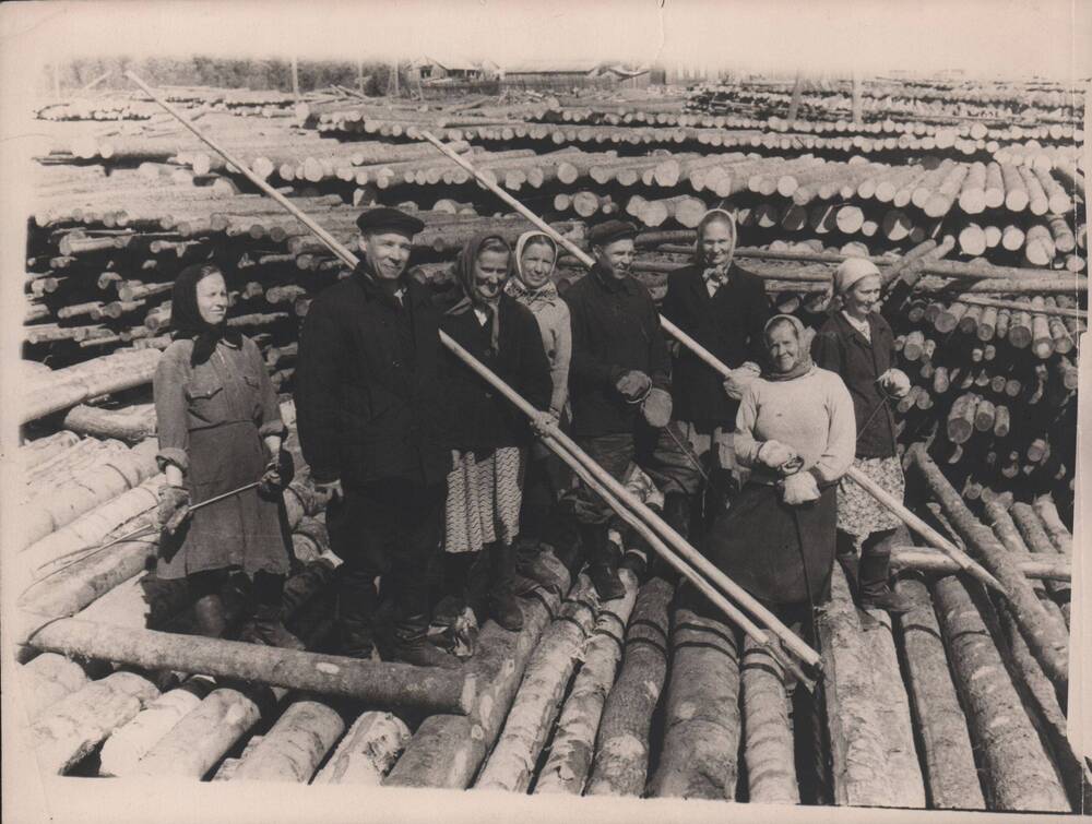 Фото: Группа женщин нижнего склада Исаевского лесопункта Белохолуницкого леспромхоза на сброске леса             в реку Белая Холуница (1957-58 годы).