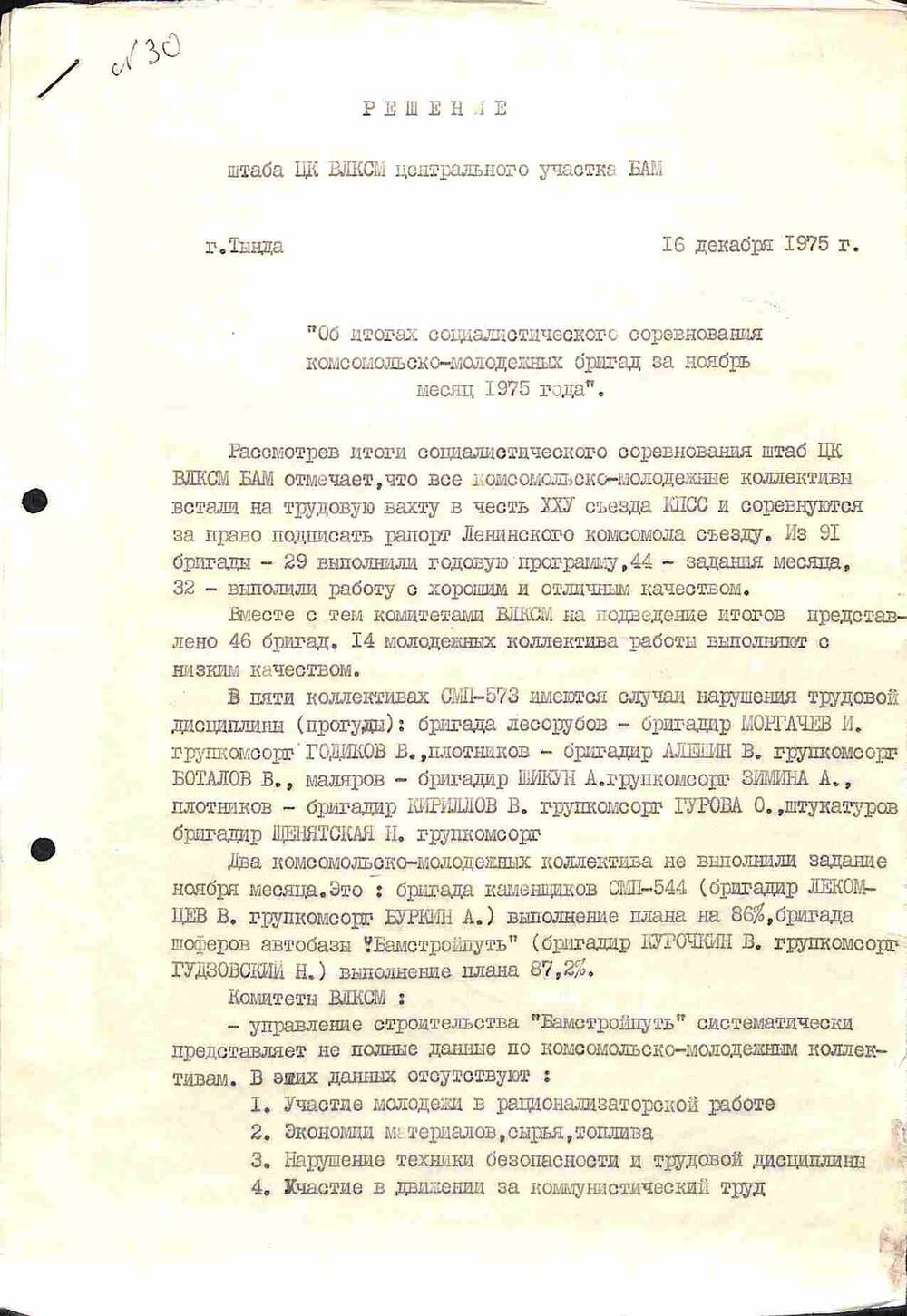 Решение Штаба ЦК ВЛКСМ Центального участка БАМа Об итогах социалистического соревнования комсомольско-молодёжных бригад за ноябрь 1975 года