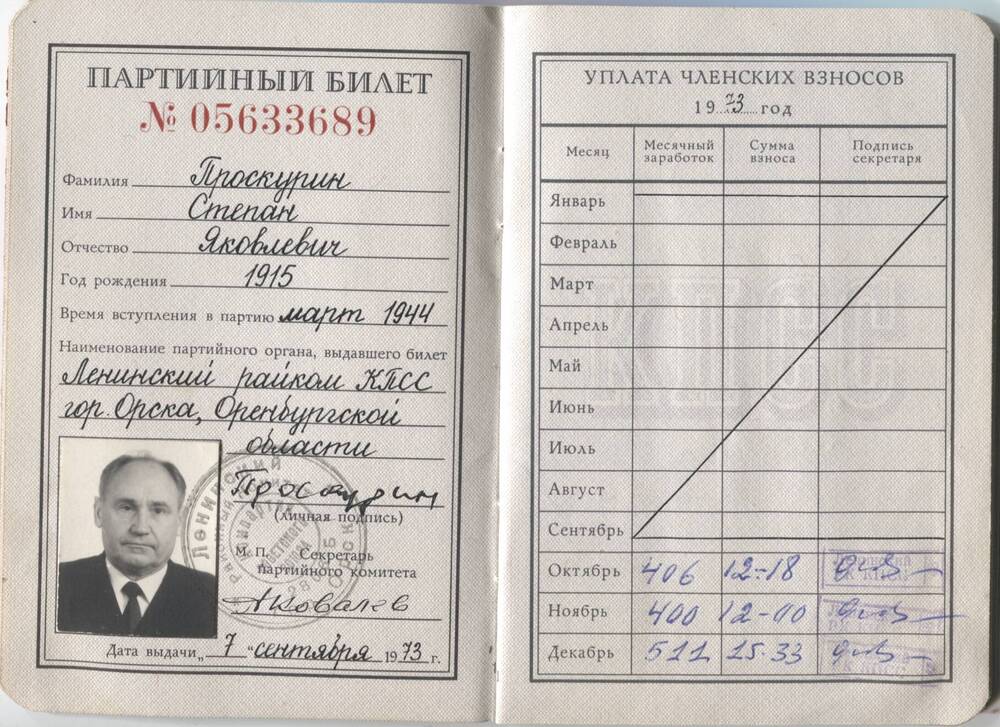 Документ. Билет партийный «Коммунистическая партия Советского Союза» № 05633689.
