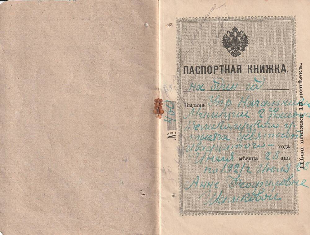 Книжка паспортная № 460 Шамковой Анны Феофиловны.