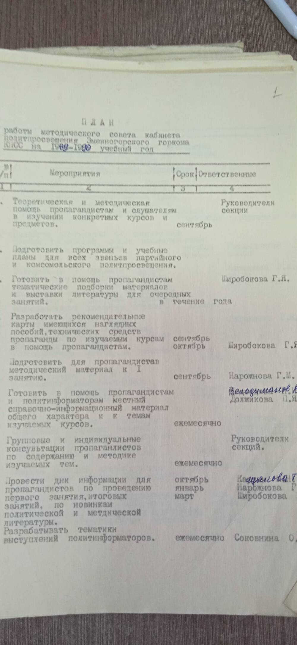 План работы методического совета кабинета политпросвещения Змеиногорского горкома КПСС на 1989-1990 учебный год.
