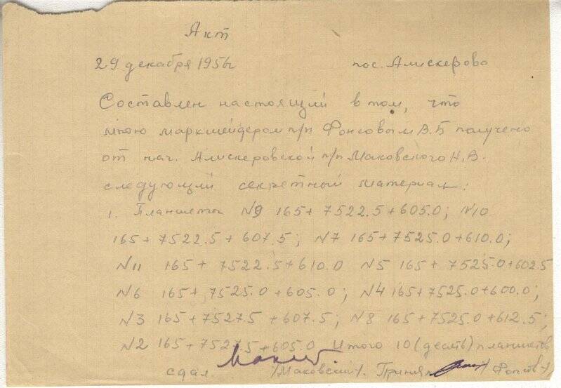 Документ. Акт от 29 декабря 1956г пос. Алискерово от Маковского Н.В.