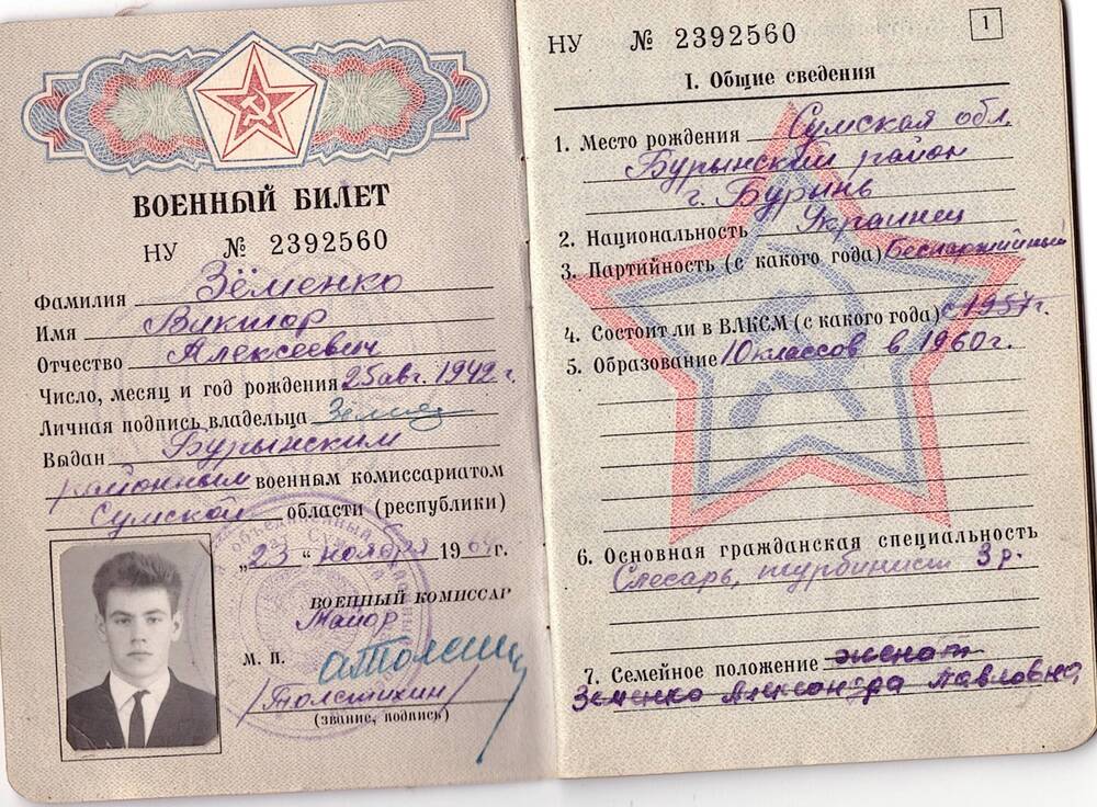 Билет военный НУ № 2392560 на имя Земенко Виктора Алексеевича. Выдан 23 ноября 1964г.