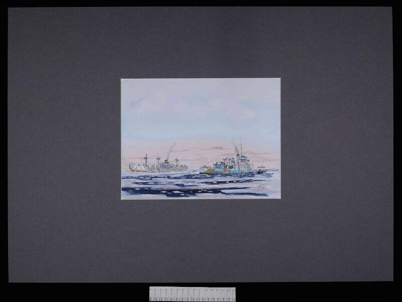 Рисунок. Британский минный тральщик «Хэлсион» во льдах в Белом море вместе с американским судном «Либерти».