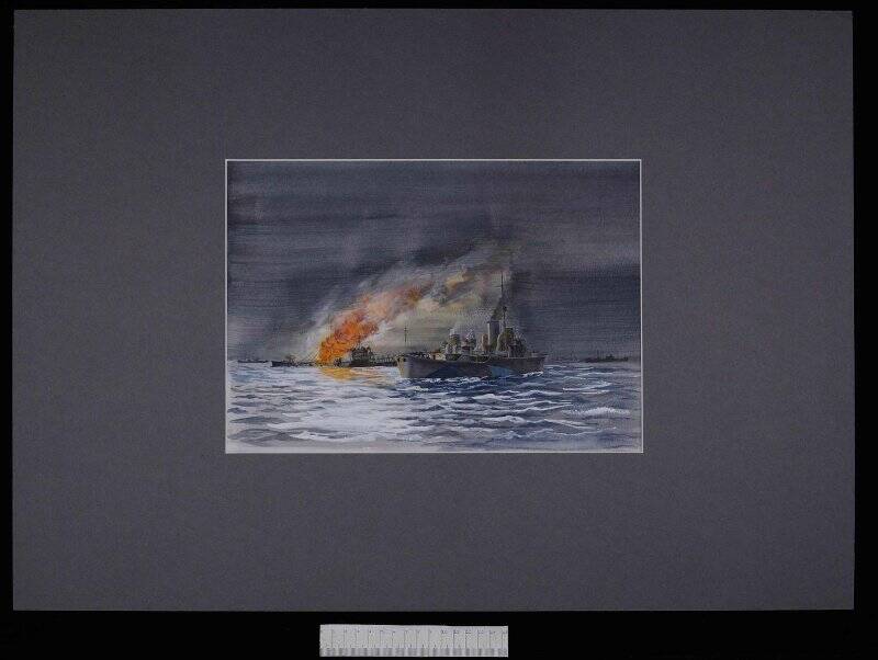 Рисунок. Торпедированный нефтяной танкер охвачен пожаром и тонет.