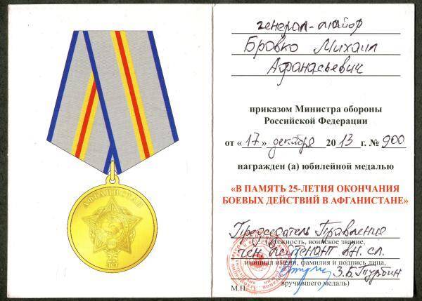 Удостоверение к медали В память 25-летия окончания боевых действий в Афганистане генерал-майора М.А. Бровко.