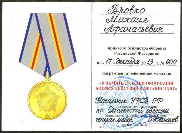 Удостоверение к медали В память 25-летия окончания боевых действий в Афганистане М.А. Бровко.
