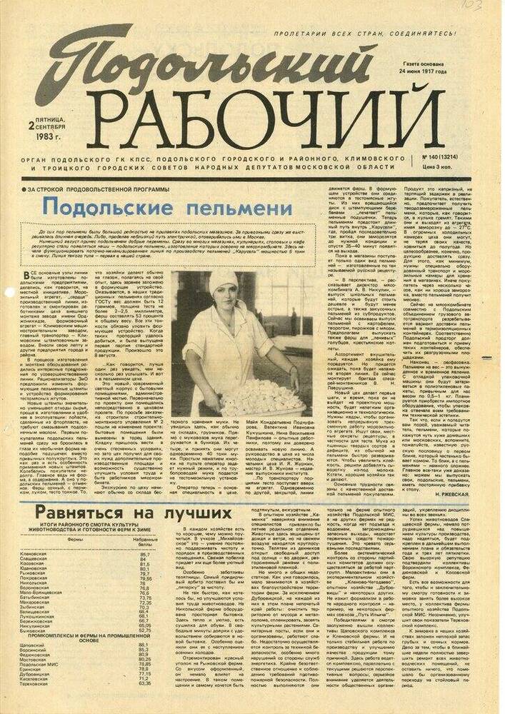 Газета Подольский рабочий № 140 (13214) от 02.09.1983 г.


