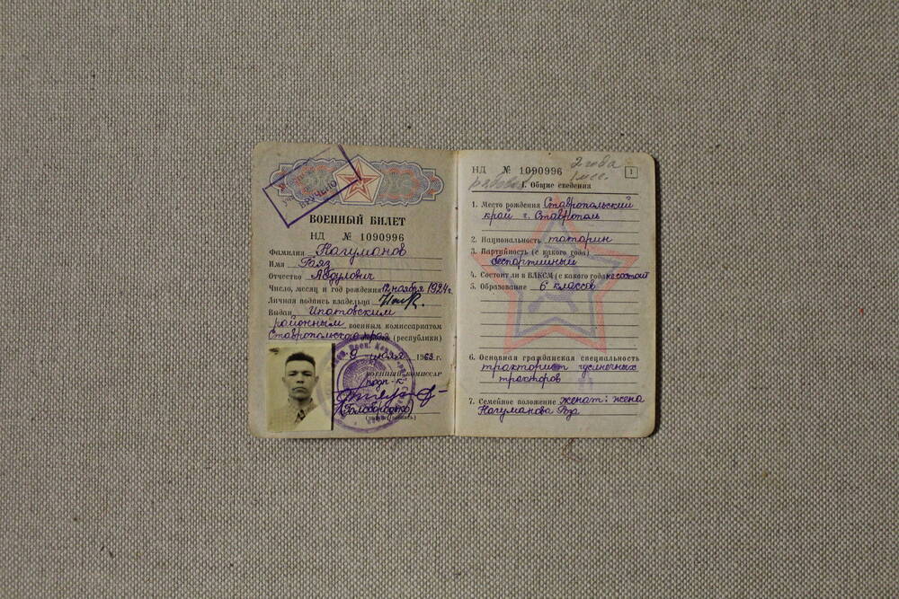 Билет военный НД № 1090996 Нагуманова Гаяза Абдуловича, выдан Ипатовским РВК СК 09.07.1963 года, с черно-белой фотографией.