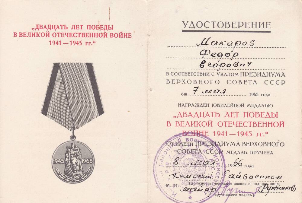 Удостоверение к медали 20 лет Победы в ВОВ 1941-1945гг Макарова Федора Егоровича