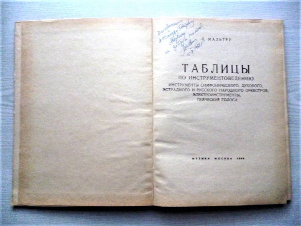 Книга «Таблицы по инструментов.» Москва, 1966 г., Музыка. Дар. над. 15.07.1968г.