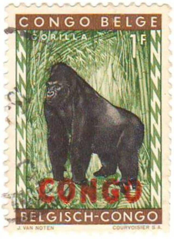 Марка почтовая с изображением гориллы. С надпечаткой CONGO.