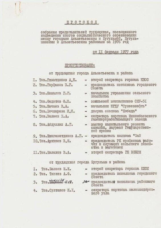 Протокол собрания подведения итогов социалистического соревнования между городами Альметьевском и Бугульмой за 1976 год.