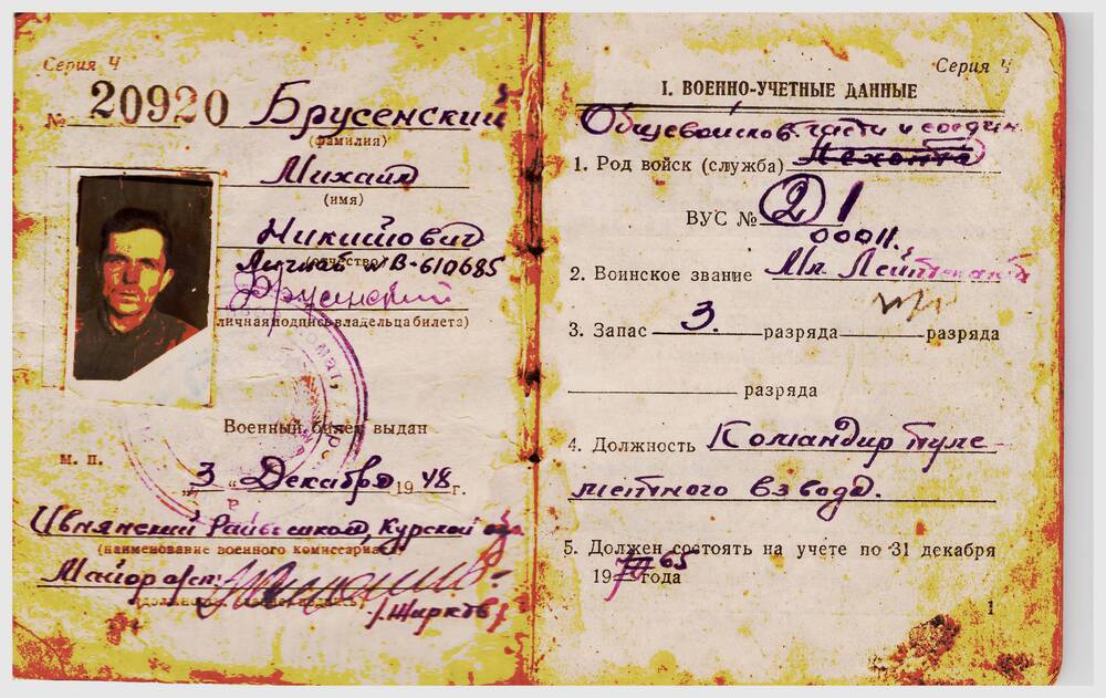Билет военный офицера запаса вооруженных сил Союза ССР на имя мл. лейтенанта Брусенского Михаила Никитовича за серией Ч №20920.
