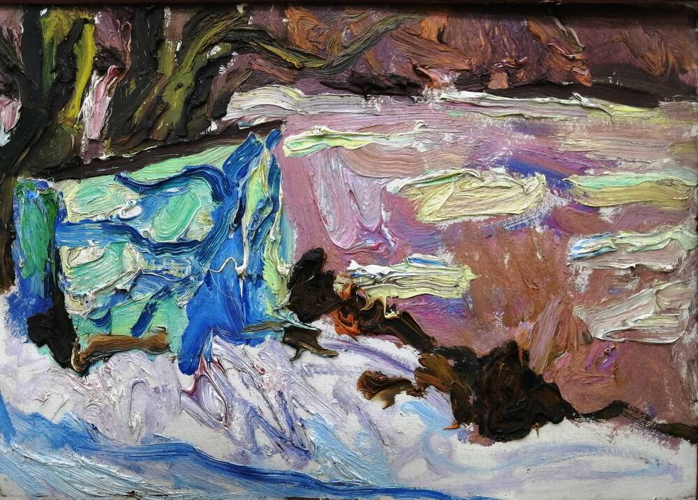 Картина Берег реки зимой, худ. А.А. Латыш-Кочубей, холст/масло. 1980-е годы.