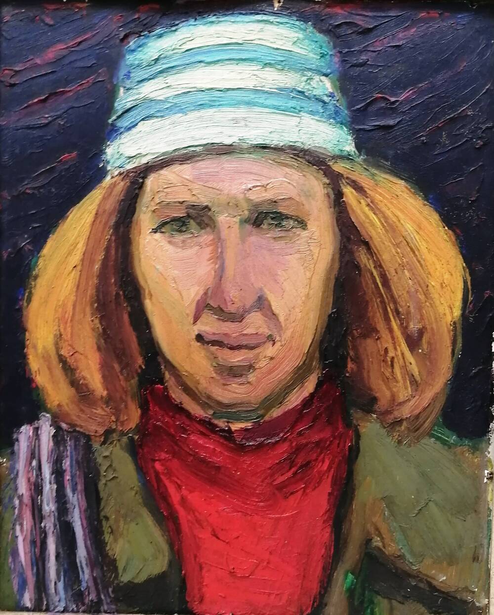 Портрет Женщина в голубой шапке, худ. А.А. Латыш-Кочубей, картон/масло. 1980-е годы.