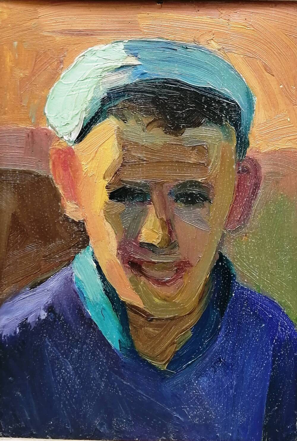 Портрет Мужчина в голубом берете, худ. А.А. Латыш-Кочубей, картон/масло. 1980-е годы.