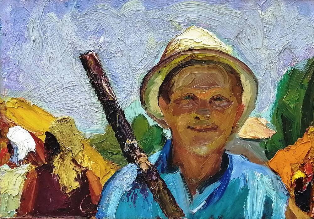 Портрет Мужчина в шляпе, худ. А.А. Латыш-Кочубей, картон/масло. 1980-е годы.