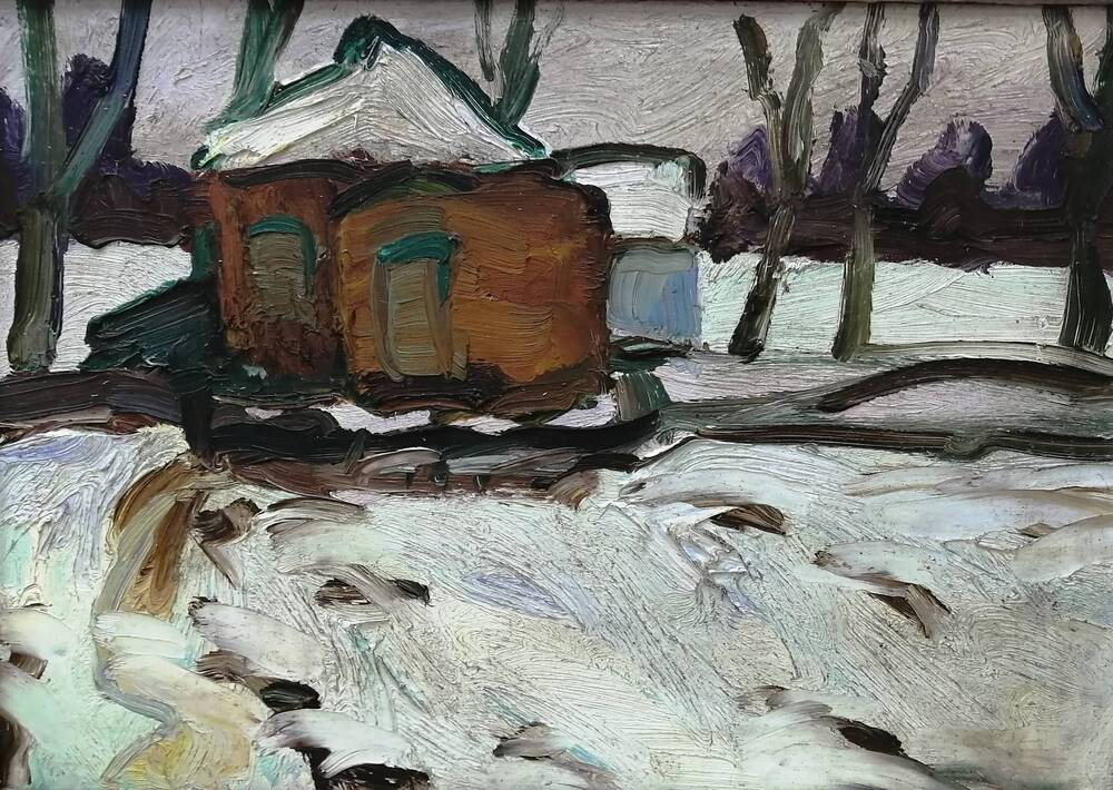 Картина Зимний пейзаж, худ. А.А. Латыш-Кочубей, картон/масло. 1980-е годы.