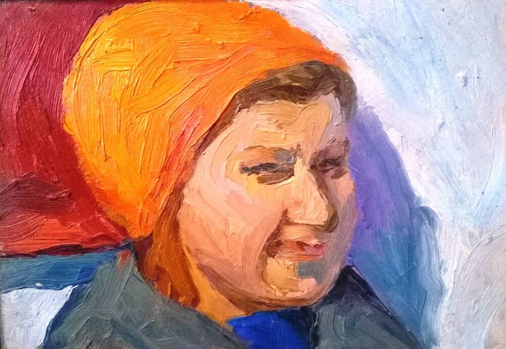 Портрет Женщина в оранжевом платке, худ. А.А. Латыш-Кочубей, картон/масло. 1980-е годы.