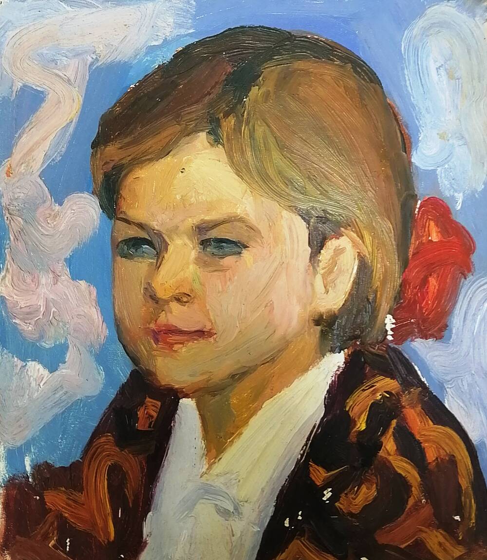 Портрет Девочка на голубом фоне, худ. А.А. Латыш-Кочубей, картон/масло. 1980-е годы.