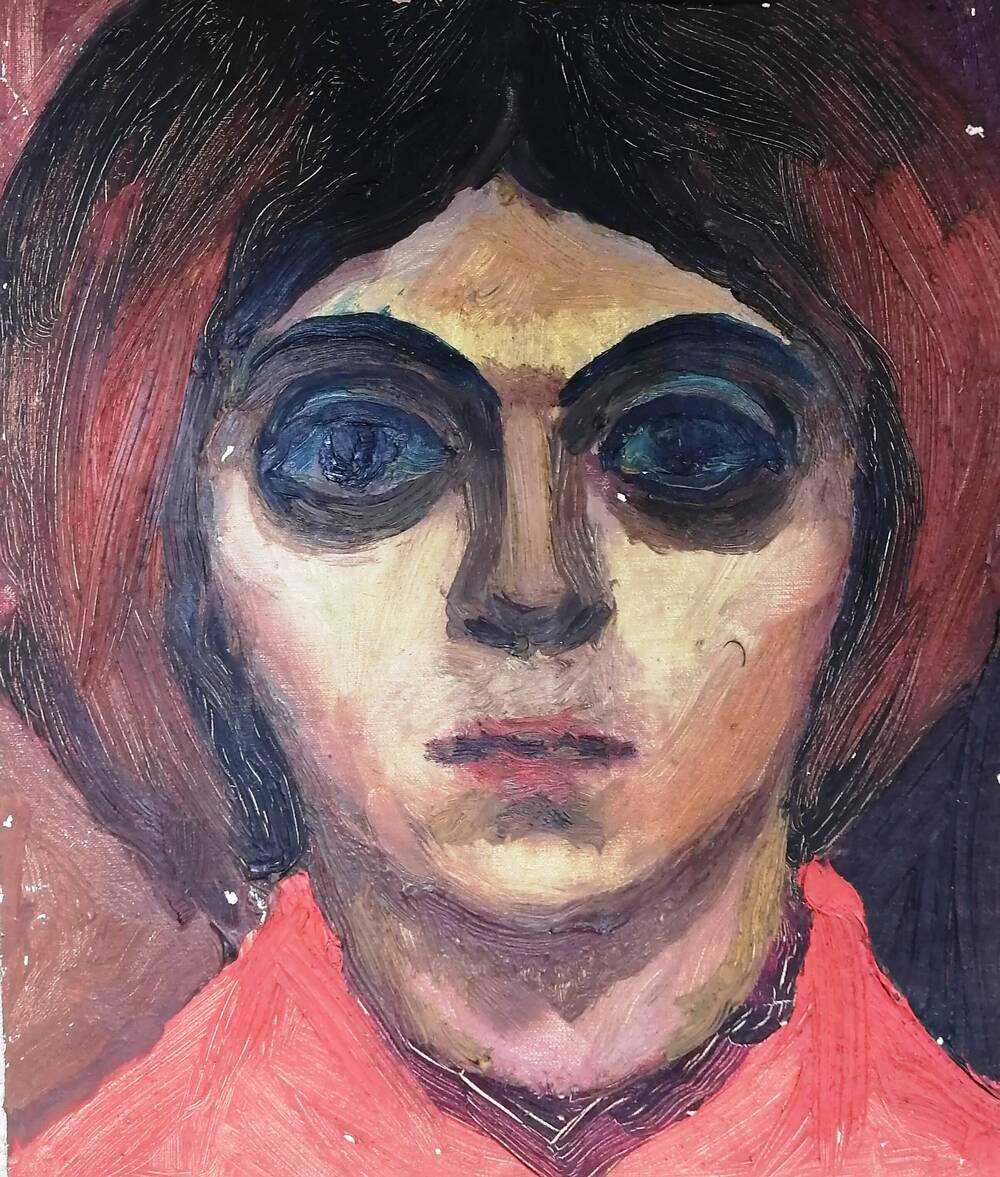 Портрет Женщина с большими тёмными глазами, худ. А.А. Латыш-Кочубей, картон/масло. 1980-е годы.