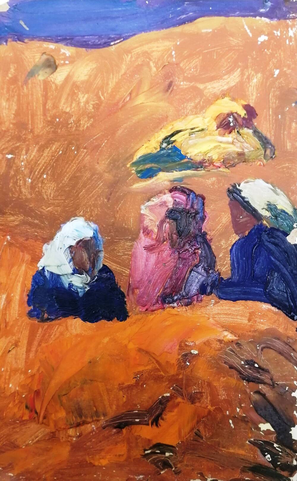 Картина Женщины косят траву, худ. А.А. Латыш-Кочубей, картон/масло. 1980-е годы.