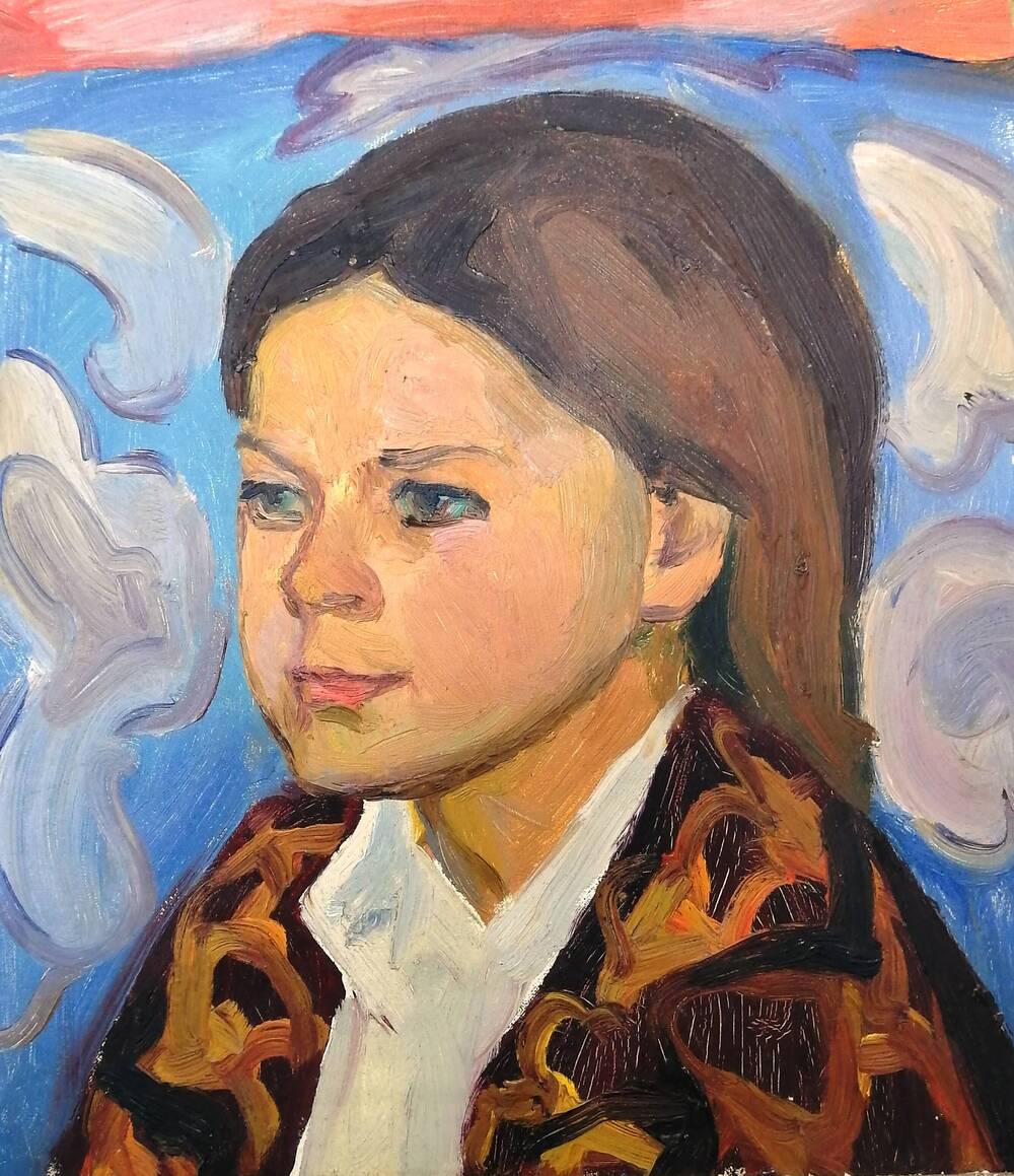 Портрет Девочка на голубом фоне, худ. А.А. Латыш-Кочубей, картон/масло. 1980-е годы.