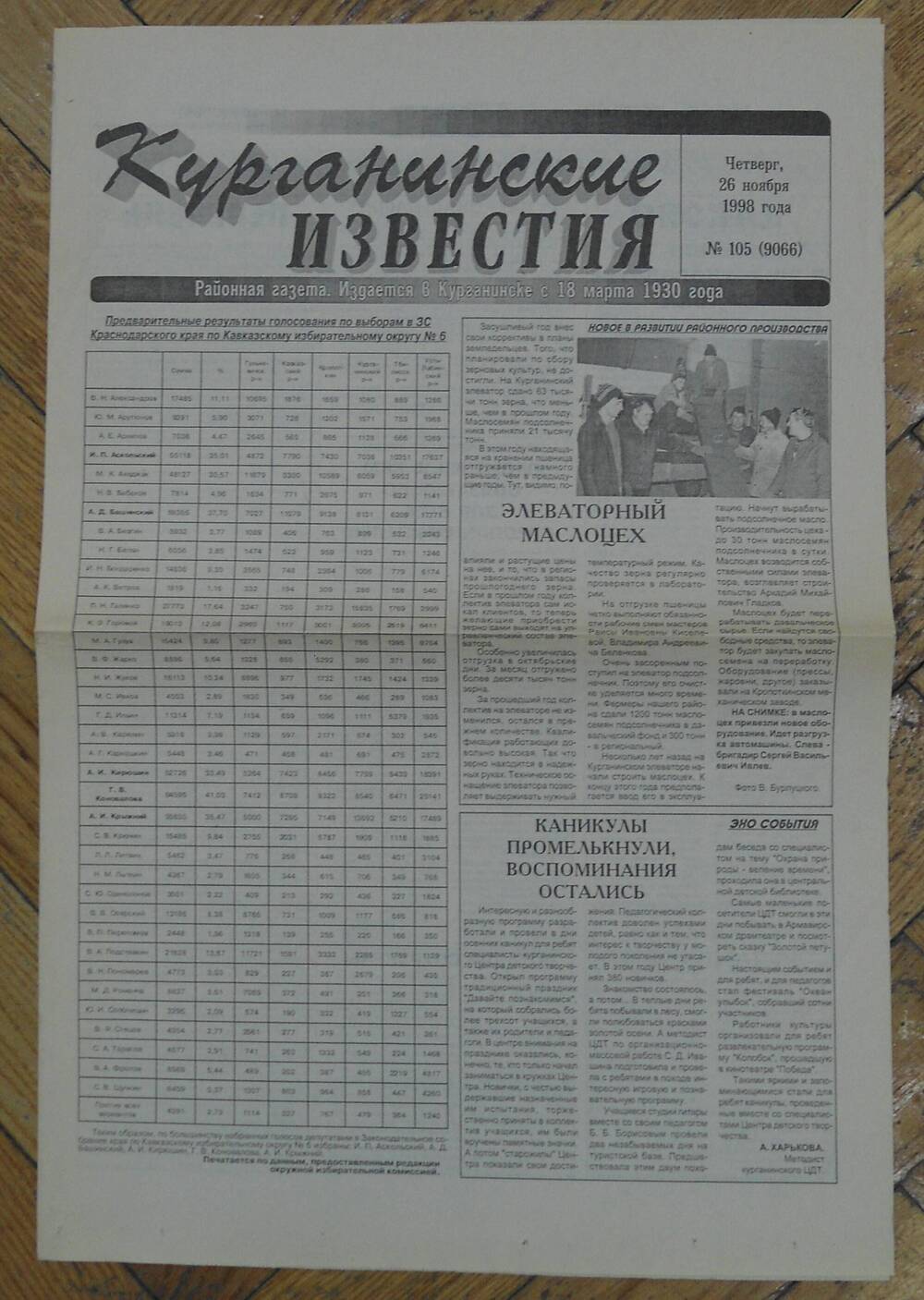 Газета «Курганинские известия» от 22.11.1998 г. № 105 с предварительными результатами голосования по Кавказскому избирательному округу №6