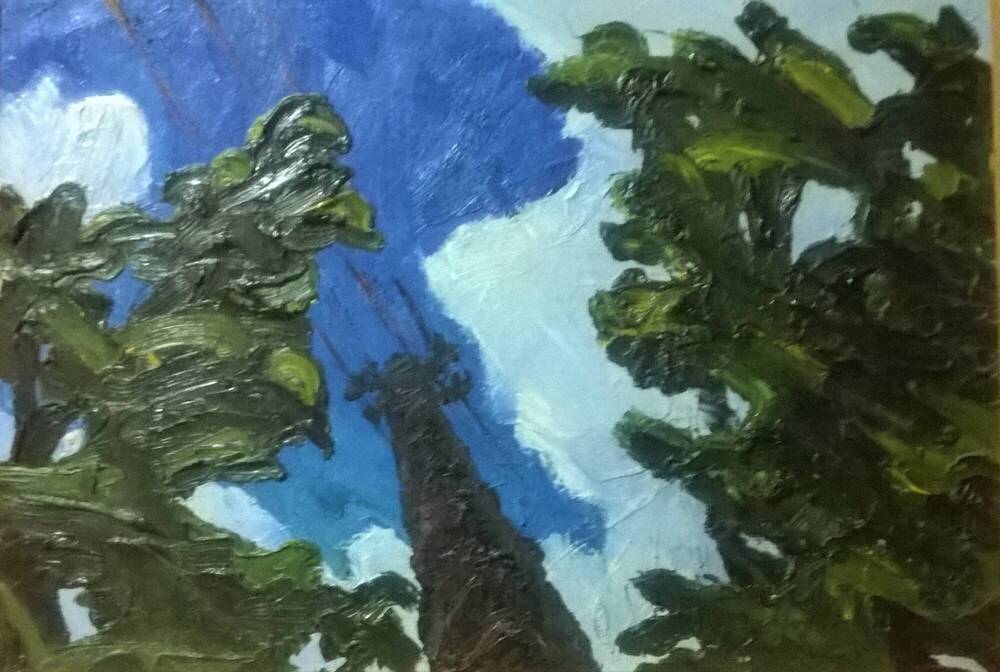 Картина Верхушка деревьев на фоне неба, худ. А.А. Латыш-Кочубей, холст/масло. 1980-е годы.