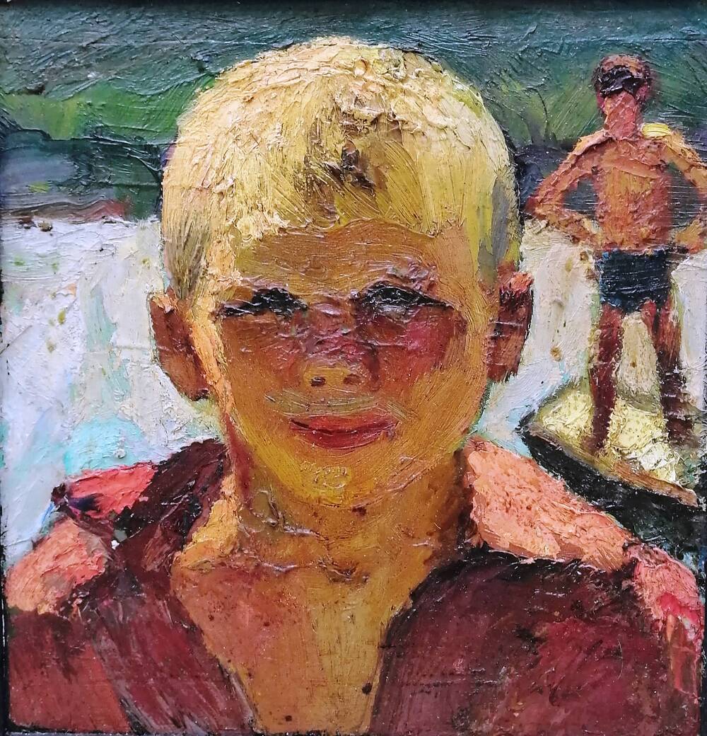 Портрет Мальчик в красной рубашке, худ. А.А. Латыш-Кочубей, картон/масло. 1980-е годы.