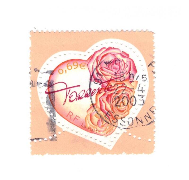  Марка почтовая. 0,69 евро. Изображение сердечка с розами.