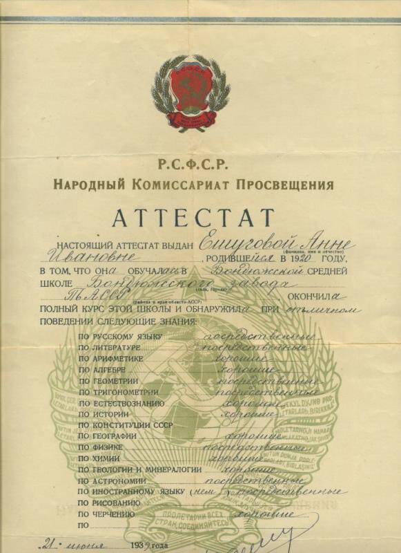 Аттестат №44 Бондюжской средней школы Ешуговой А.И.