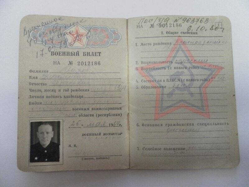 Военный билет  НА № 2012186 Махова В.С.