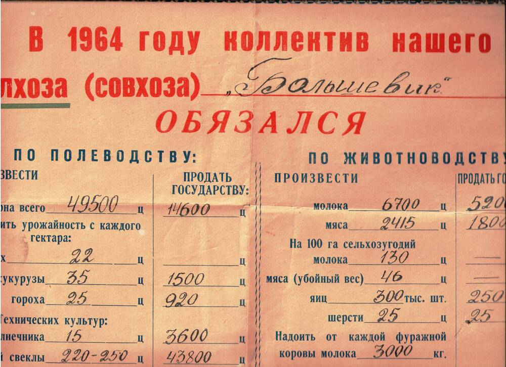 Обязательства коллектива колхоза Большевик в 1964 году.