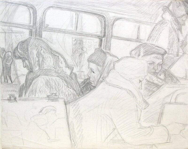 Женщины в автобусе рисуют. Из серии На автобусе по Москве.