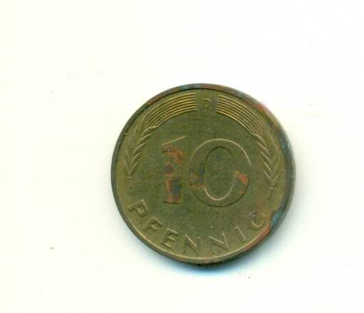Монета. ФРГ.
 10 пфеннингов  1989 г.