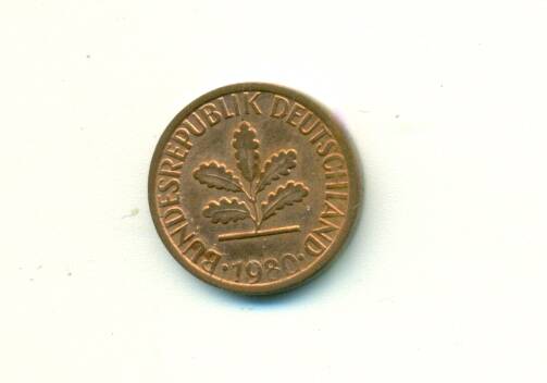 Монета. ФРГ.
 1 пфеннинг  1980 г