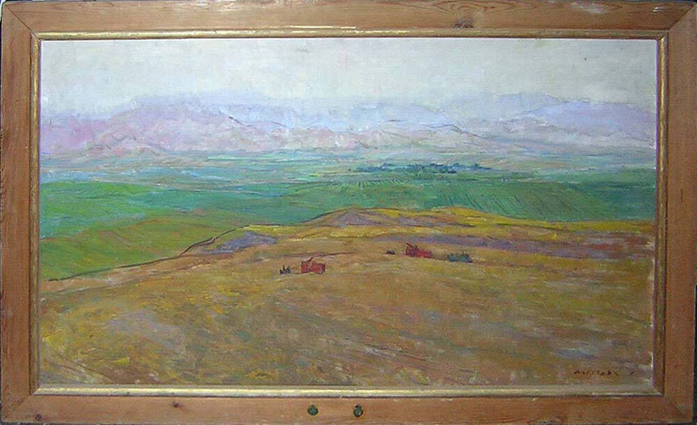 Картина Хлебное поле (уборочная страда, желтая нива, а дальше зеленые луга, на поле комбайн, машина).
