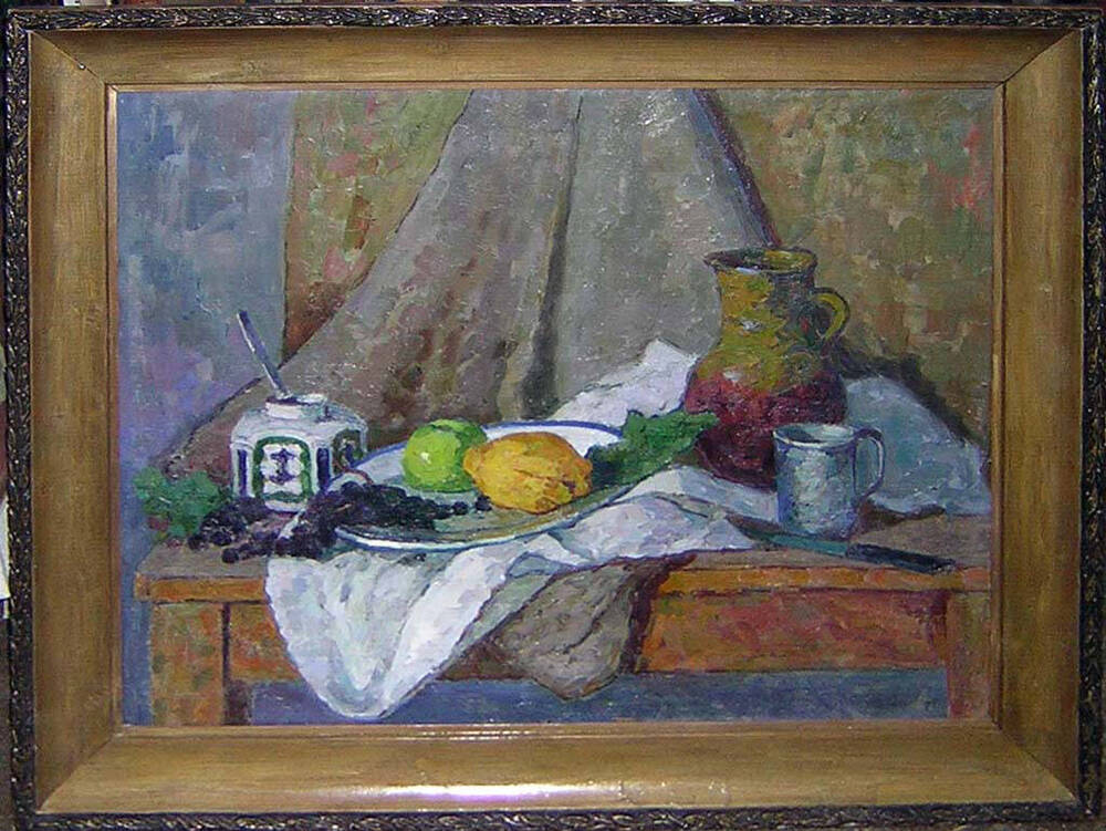 Картина Осенний натюрморт (на столе фрукты, на тарелке кувшин, кружка, банка с вареньем или медом).