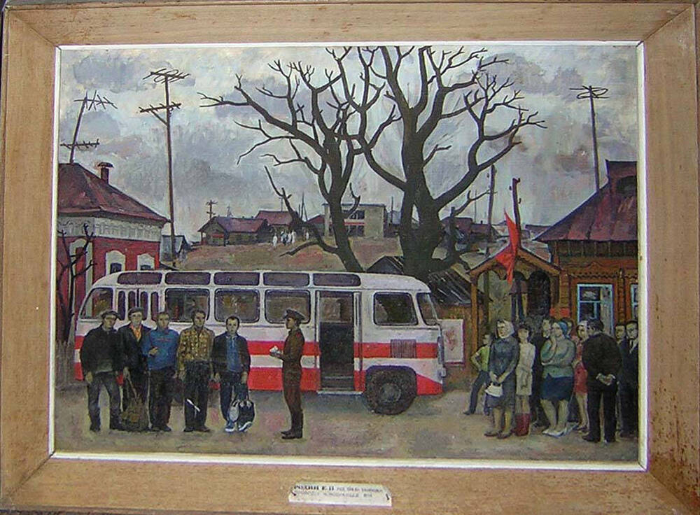 Картина Проводы новобранцев (на переднем плане красно-белый автобус и группа новобранцев с провожающими).