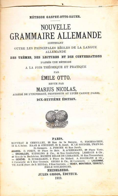 Книга. OTTO – NICOLAS. GRAMMAIRE ALLEMANDE PARIS, 1902 г.