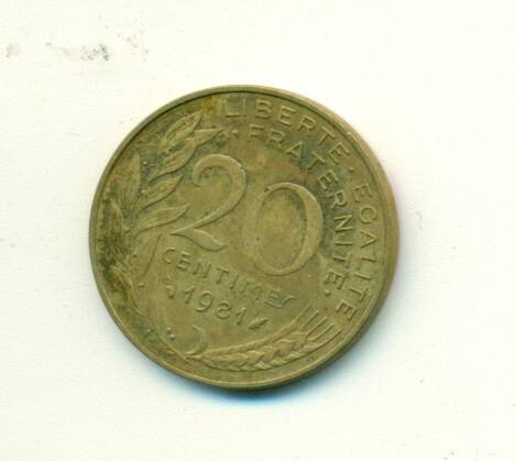 Монета. Франция. 
20 сентимов. 1981 г.