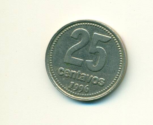 Монета из белого металла.  25 центавов. Аргентина.  1996 год.