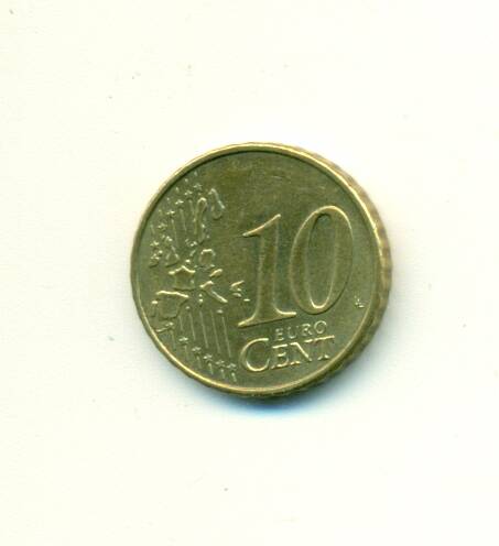 Монета из жёлтого металла. На аверсе изображены 12 звёздочек и надпись: «10 EURO CENT» 2002 год.