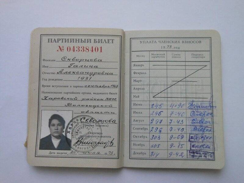 Партийный билет № 04338401 Скворцова Галина Александровна, дата выдачи 20 июля 1973 г.