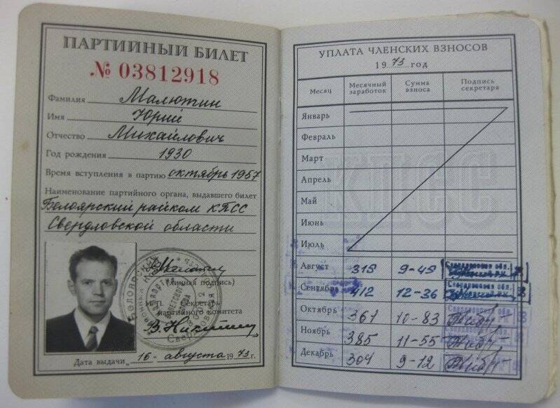 Билет партийный КПСС №03812918  на имя  Малютина Юрия Михайловича.
